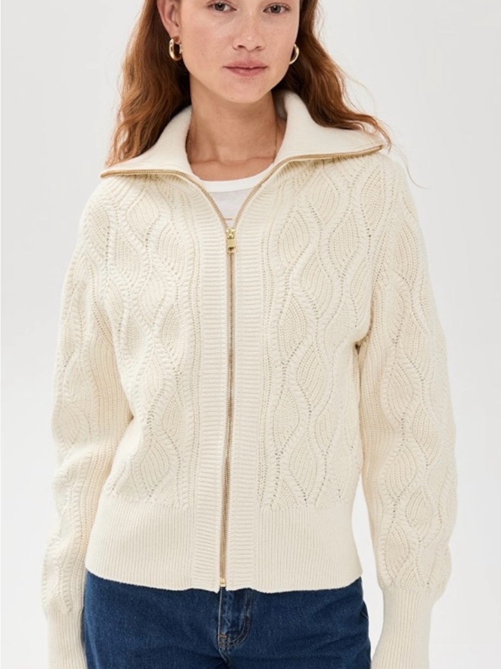 EUC Varley Lando Cream Cable Zip-Up Cardigan
